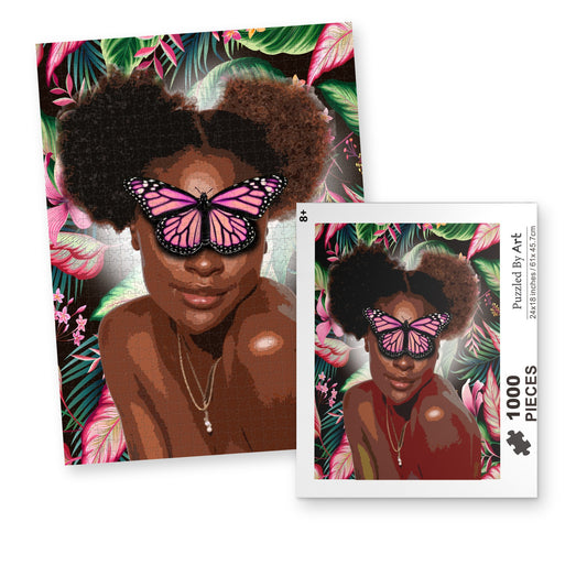 Pink Puff 1000 piece Black art jigsaw puzzle – box and finished puzzle