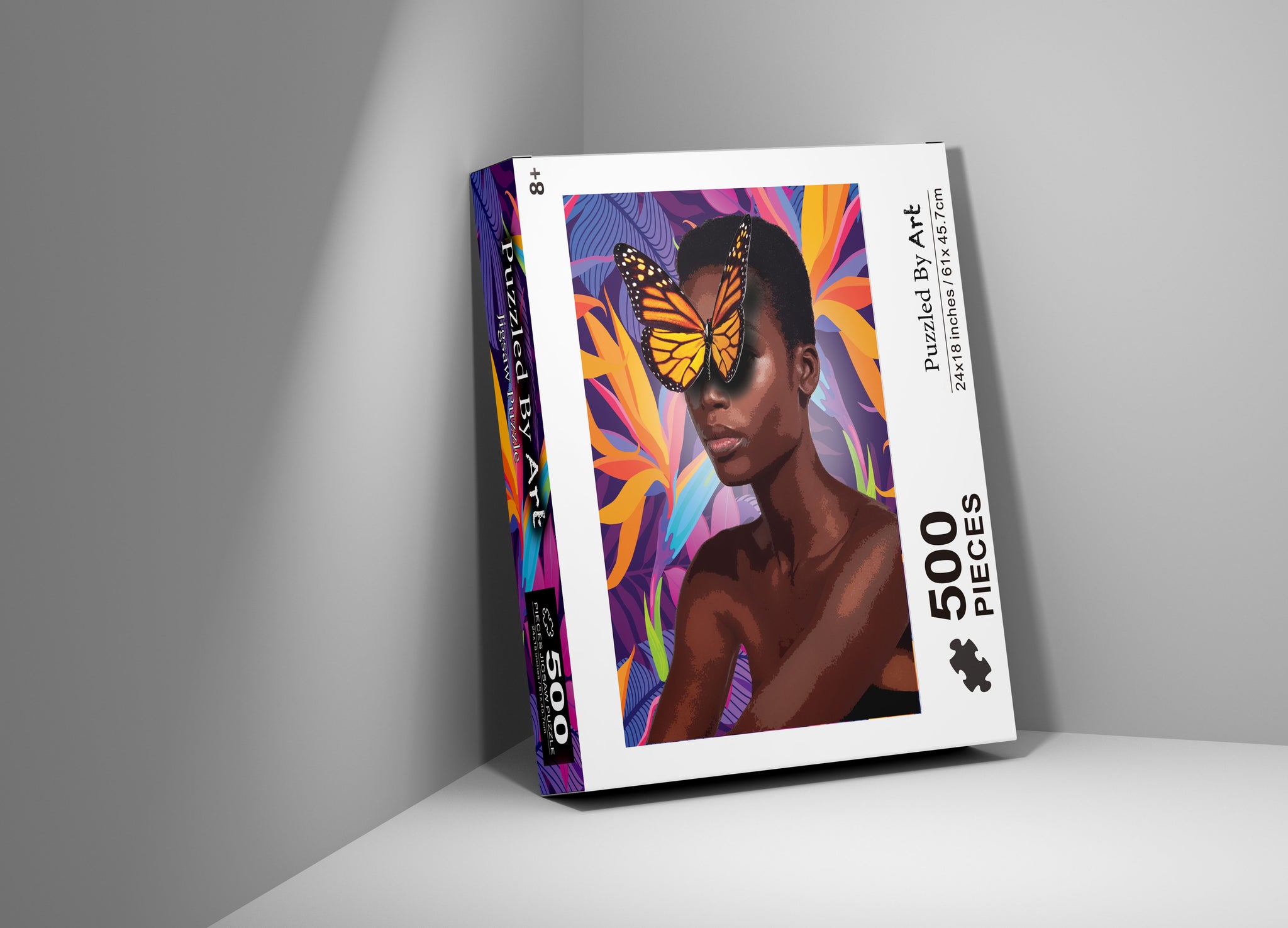 Puzzle of a Black woman with an orange butterfly on her face